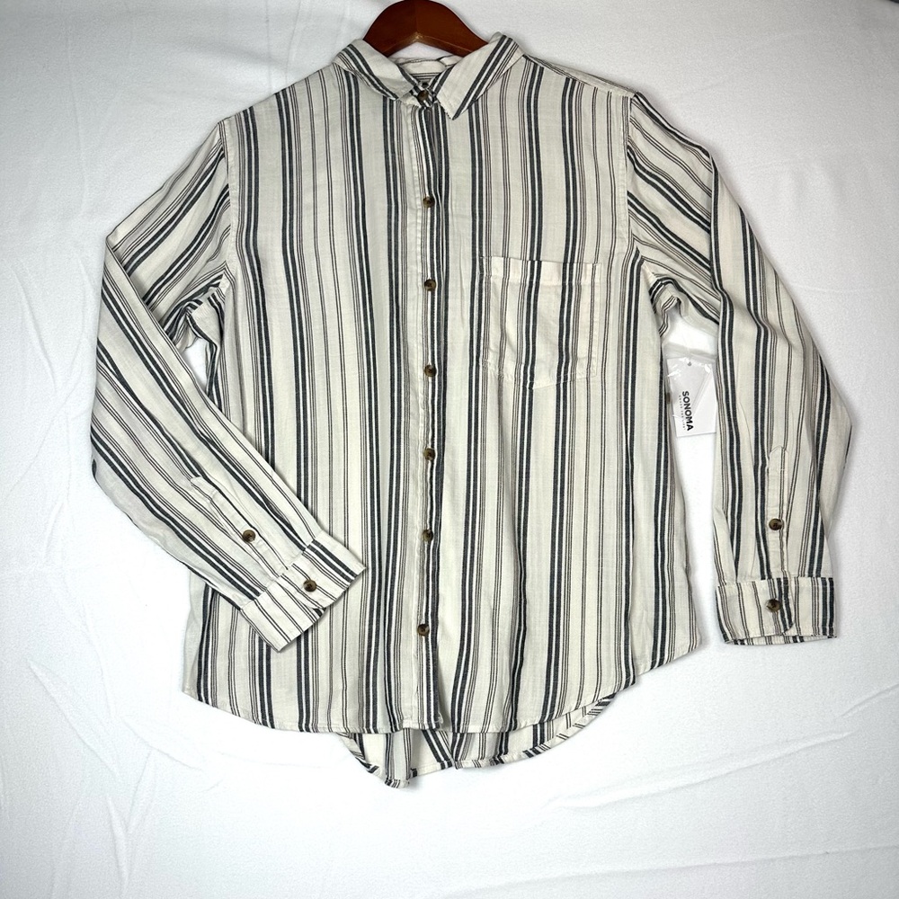 Sonoma Shirt Women’s Large Long Sleeve Button Up Collar Grey/Brown Stripes NWT